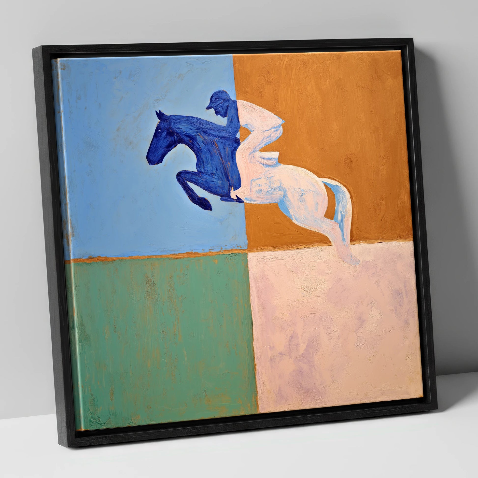 The Abstract Leap show jumping horse canvas wall art in black frame
