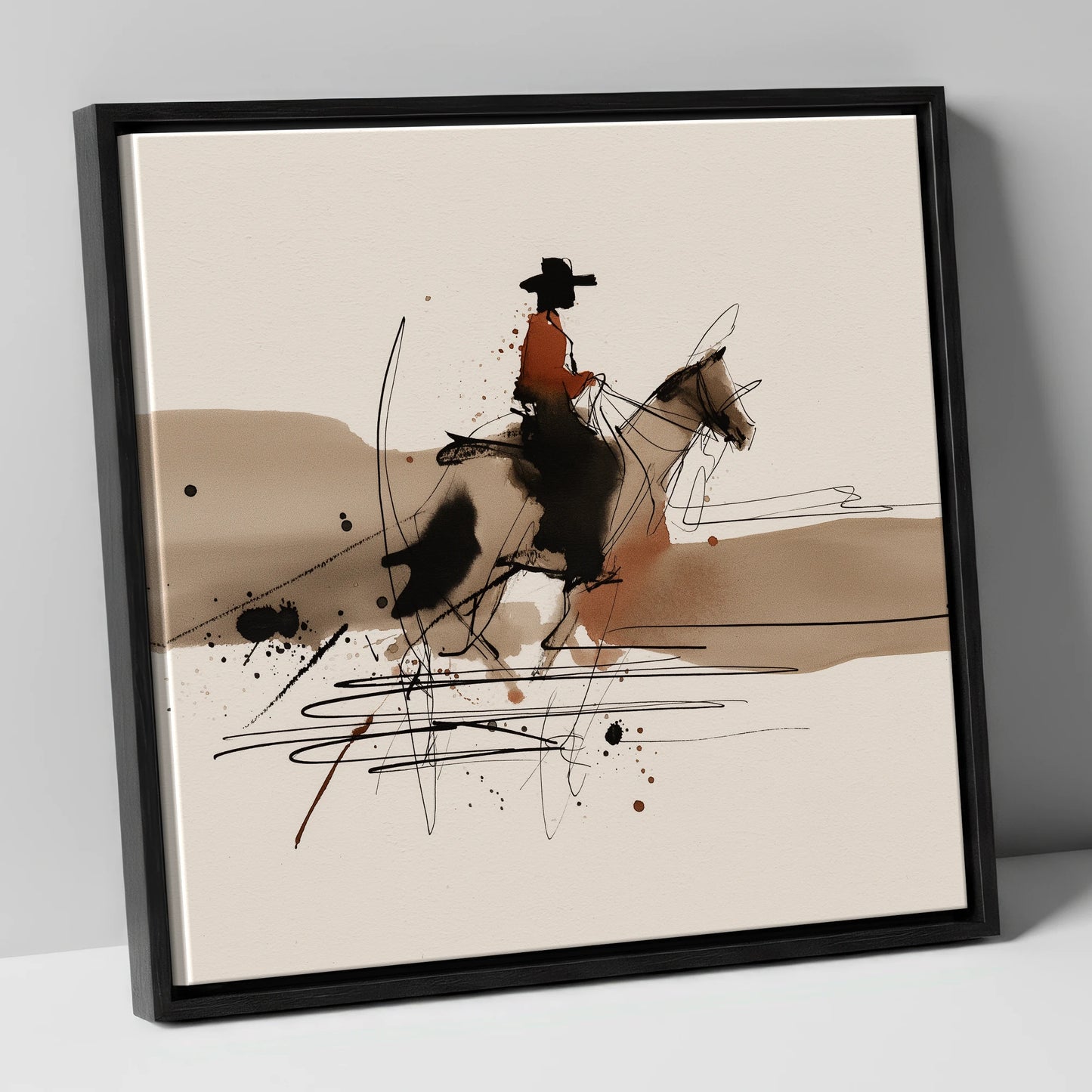 Western Trail Silhouette western horse canvas wall art in black frame