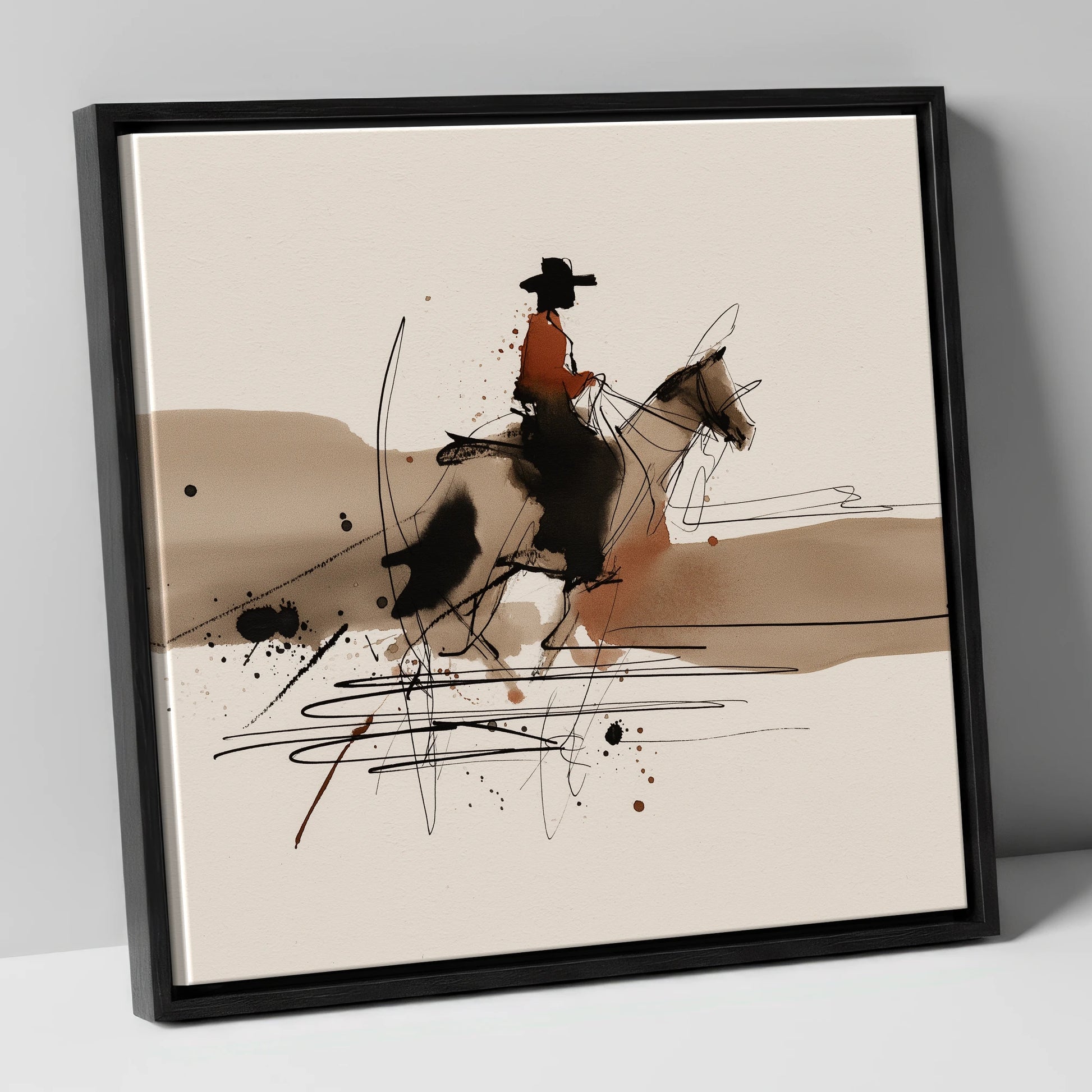 Western Trail Silhouette western horse canvas wall art in black frame