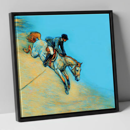 Bold Cerulean Flight show jumping horse canvas wall art in black frame