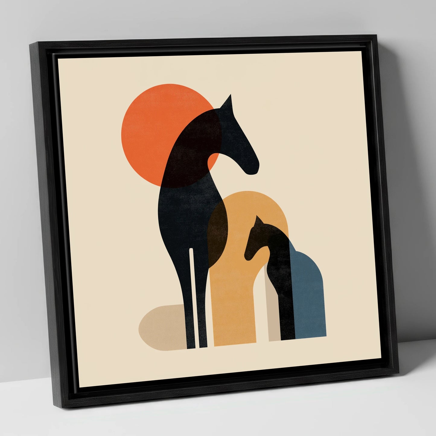 Geometric Equine Harmony horse & rider canvas wall art in black frame
