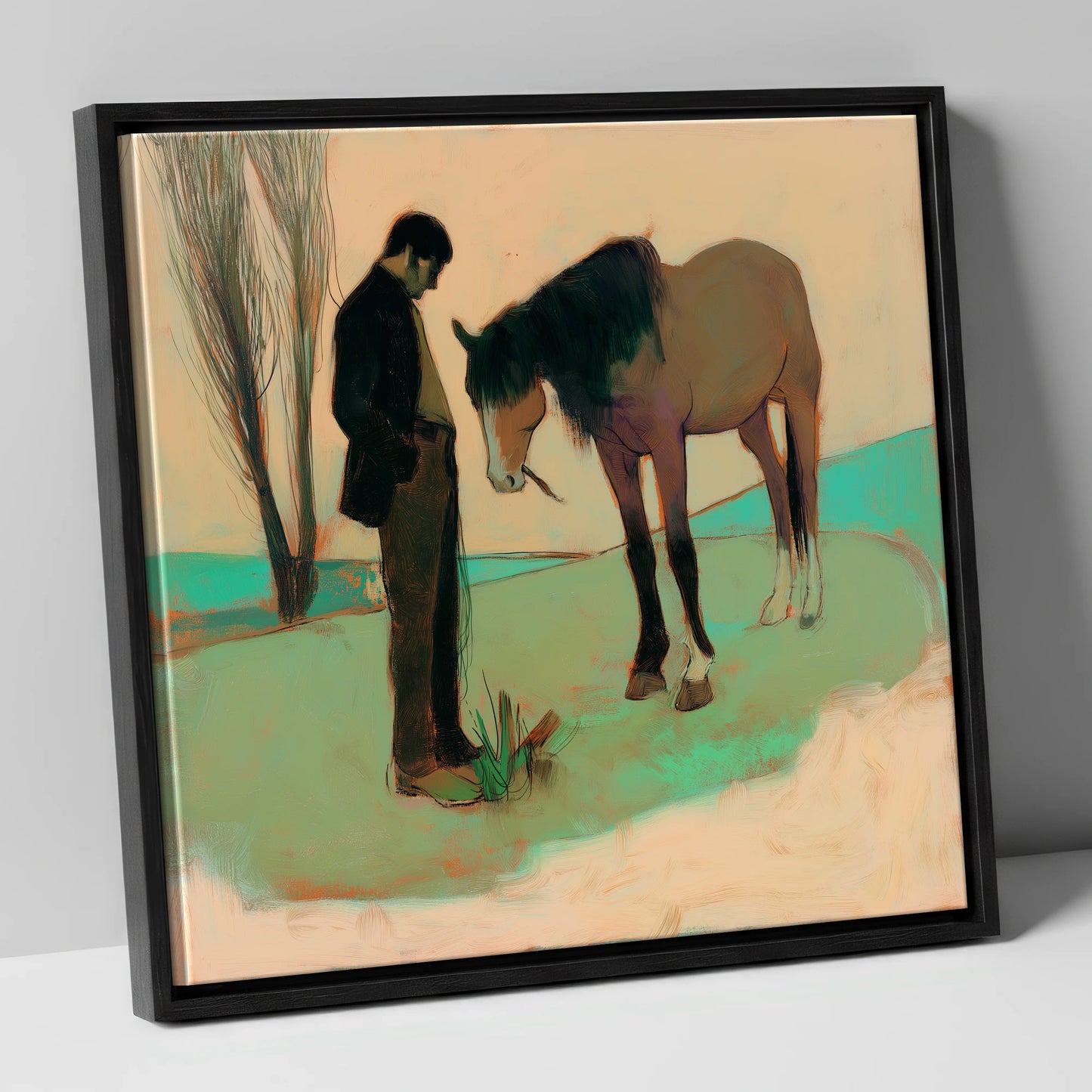 The Quiet Bond horse & rider canvas wall art in black frame