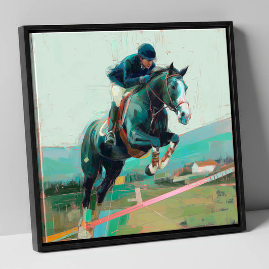Midnight Flight show jumping horse canvas wall art in black frame