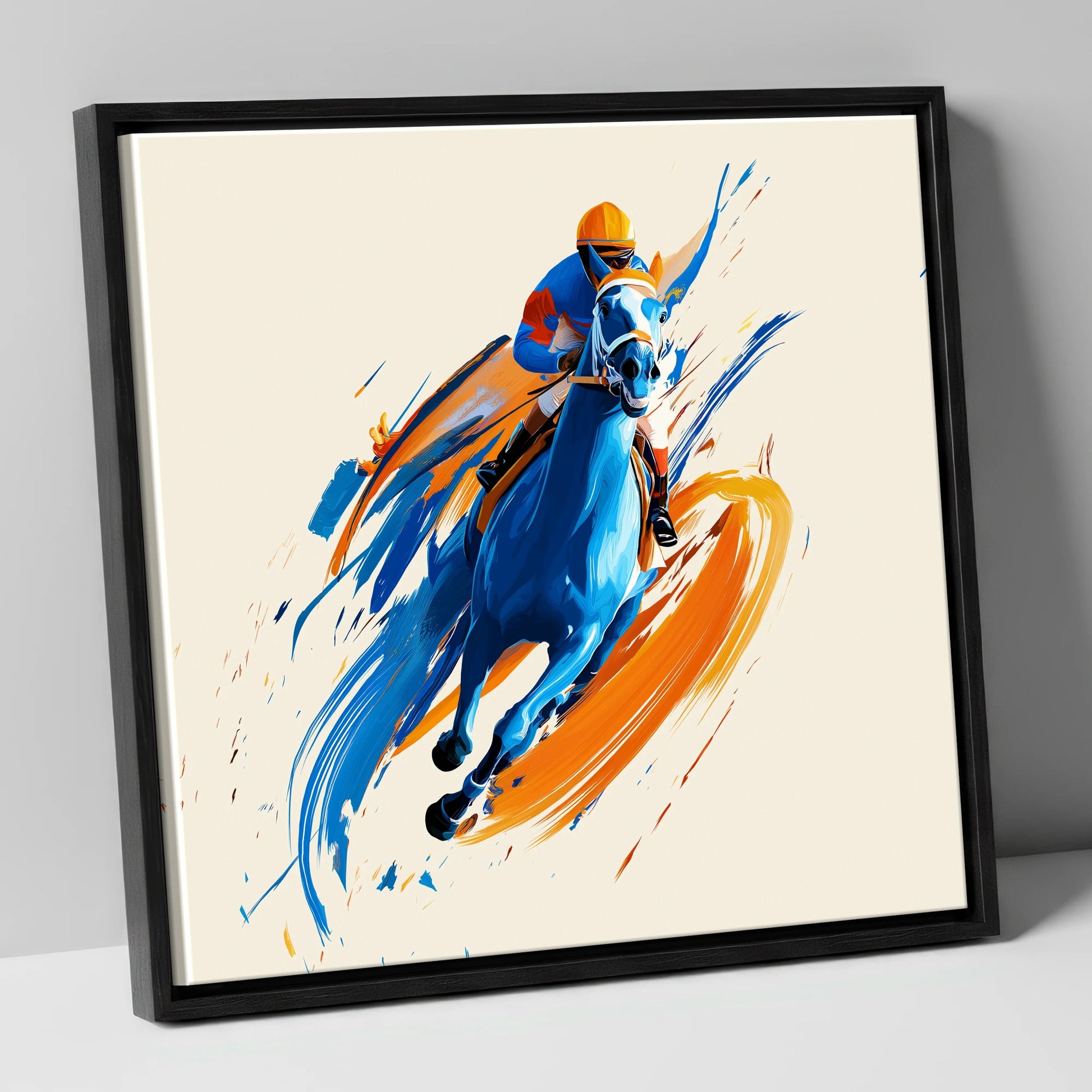 Electric Pace racing horse canvas wall art in black frame