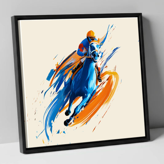 Electric Pace racing horse canvas wall art in black frame
