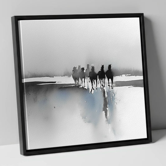 Through the Ethereal Mist horse landscape canvas wall art in black frame