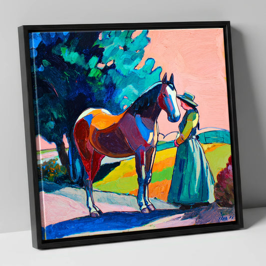 Painted Bond horse & rider canvas wall art in black frame