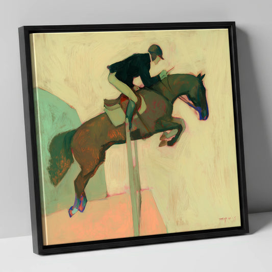 Suspended in Flight show jumping horse canvas wall art in black frame