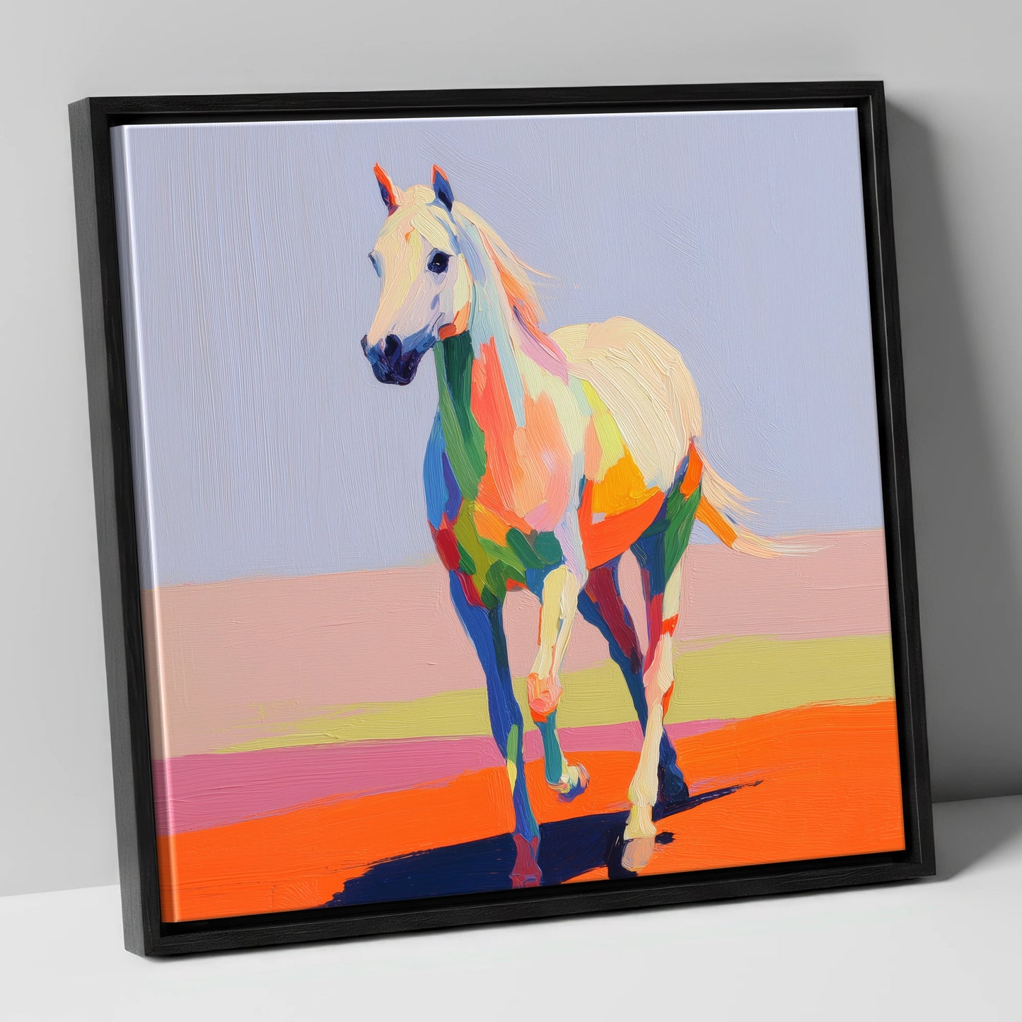 Prismatic Strides horse breed canvas wall art in black frame