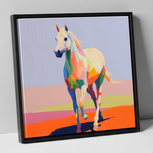 Prismatic Strides horse breed canvas wall art in black frame