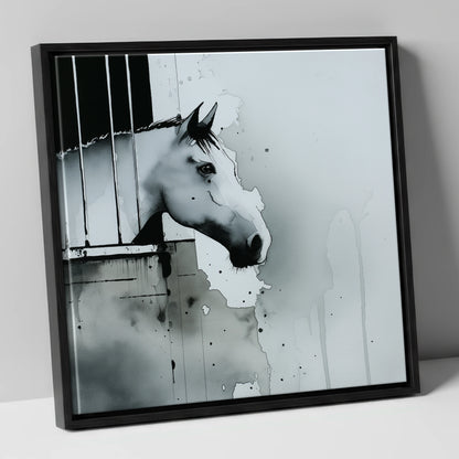 The Quiet Watcher horse stable canvas wall art in black frame