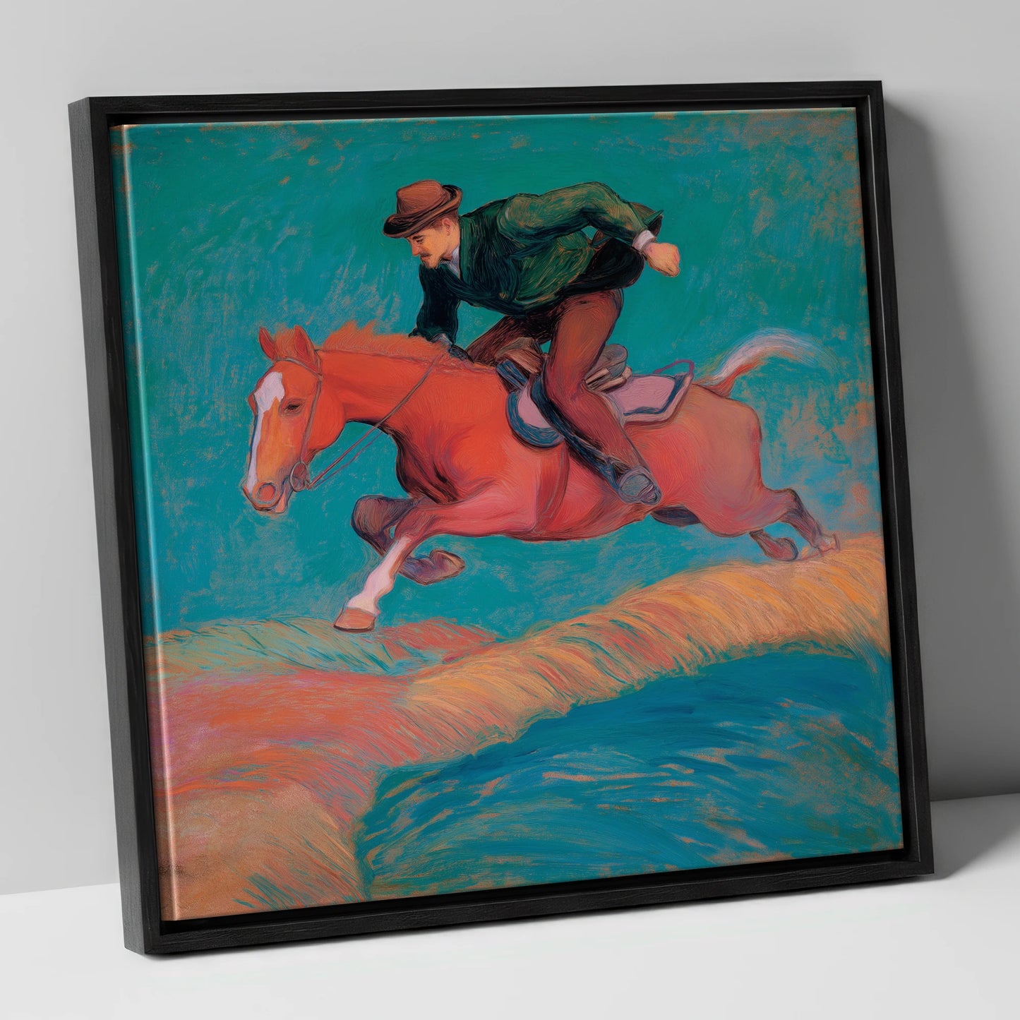 The Bold Leap show jumping horse canvas wall art in black frame