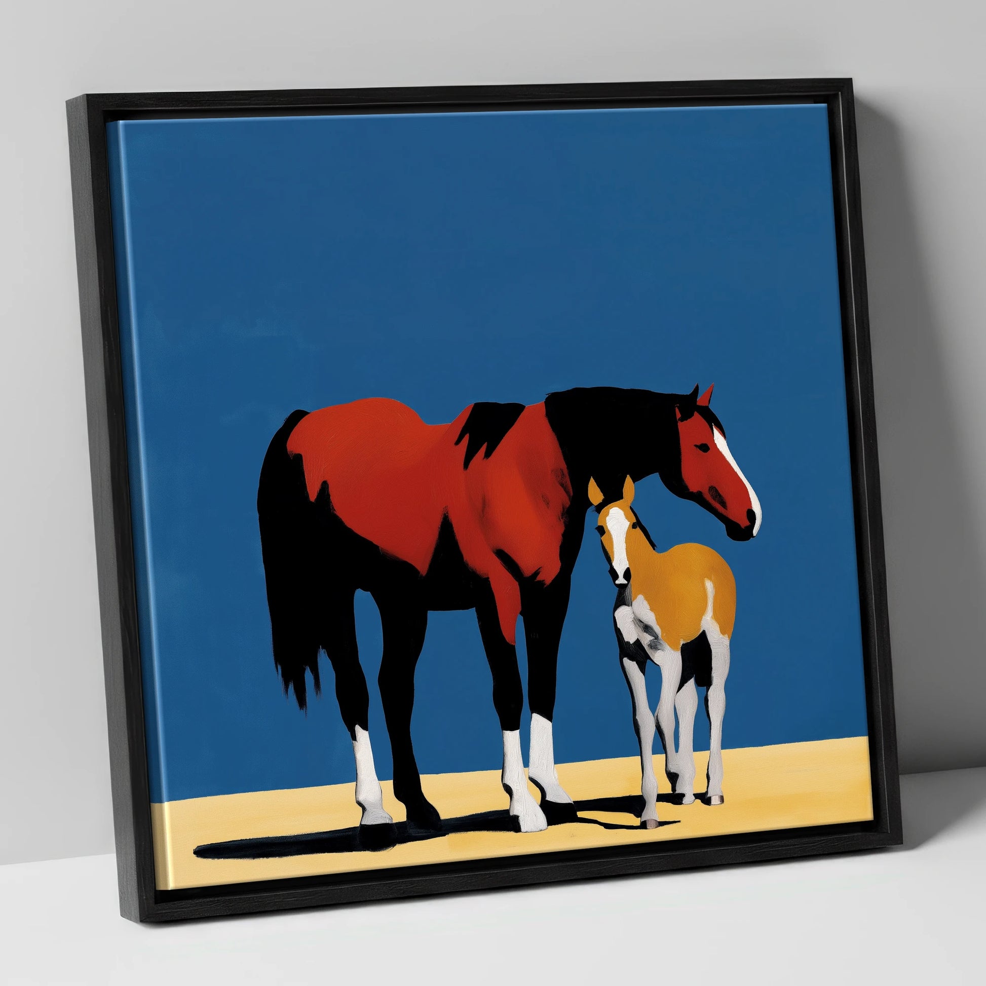 Bold Modern Devotion mare & foal canvas wall art in black frame