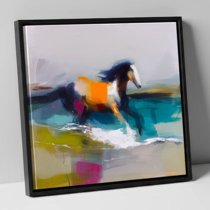 Vibrant Coastal Canter beach horse canvas wall art in black frame