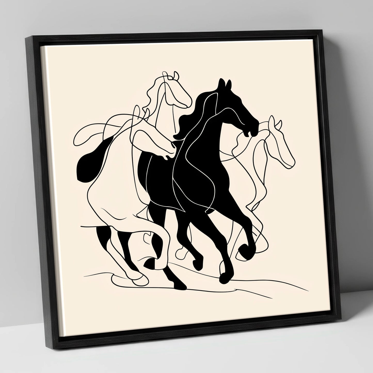 Fluid Equine Silhouette wild horses canvas wall art in black frame