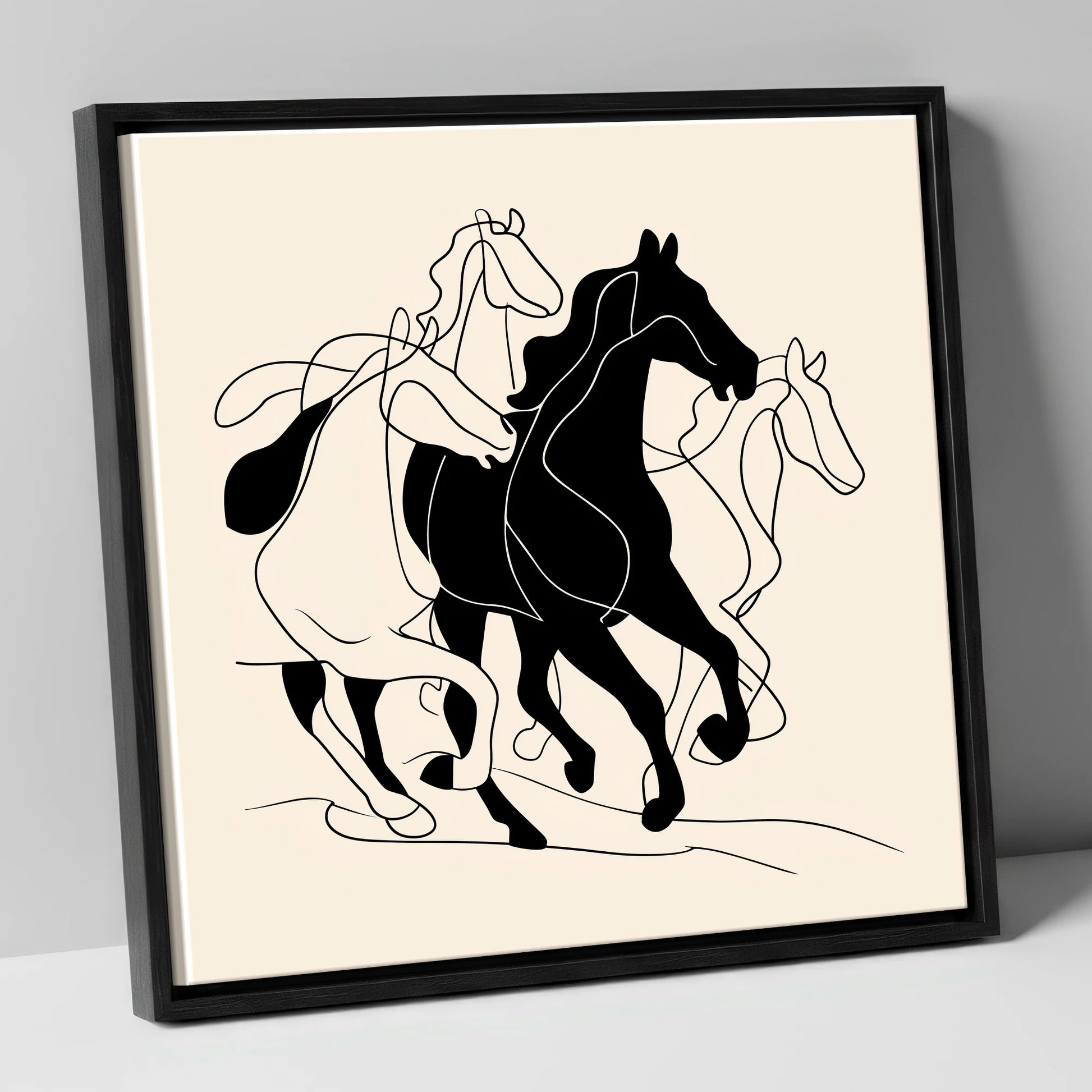 Fluid Equine Silhouette wild horses canvas wall art in black frame