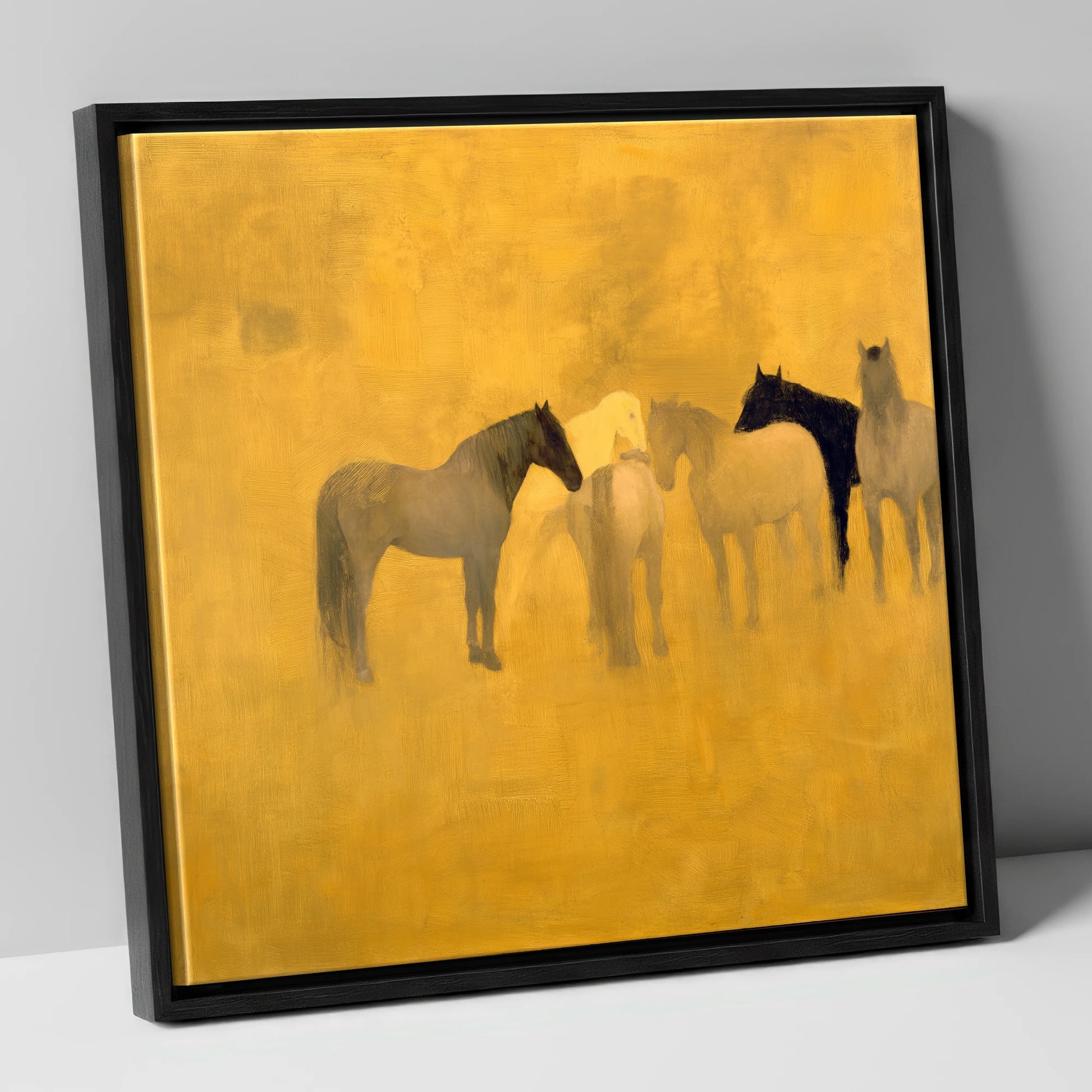Sunlit Gathering wild horses canvas wall art in black frame