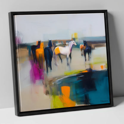 Vivid Horizon Herd horse landscape canvas wall art in black frame