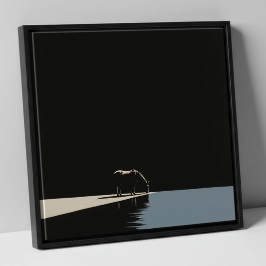 Edge of Stillness horse landscape canvas wall art in black frame