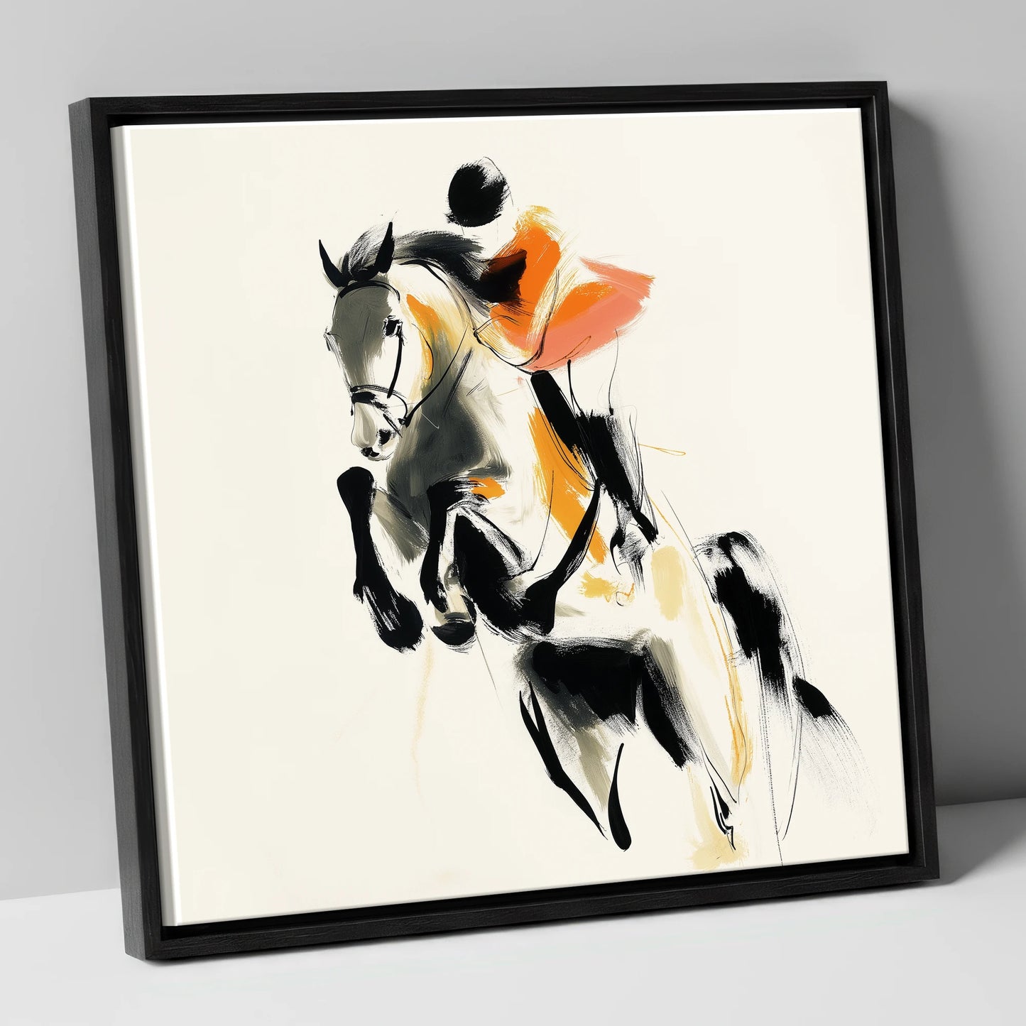 Amber Flight show jumping horse canvas wall art in black frame