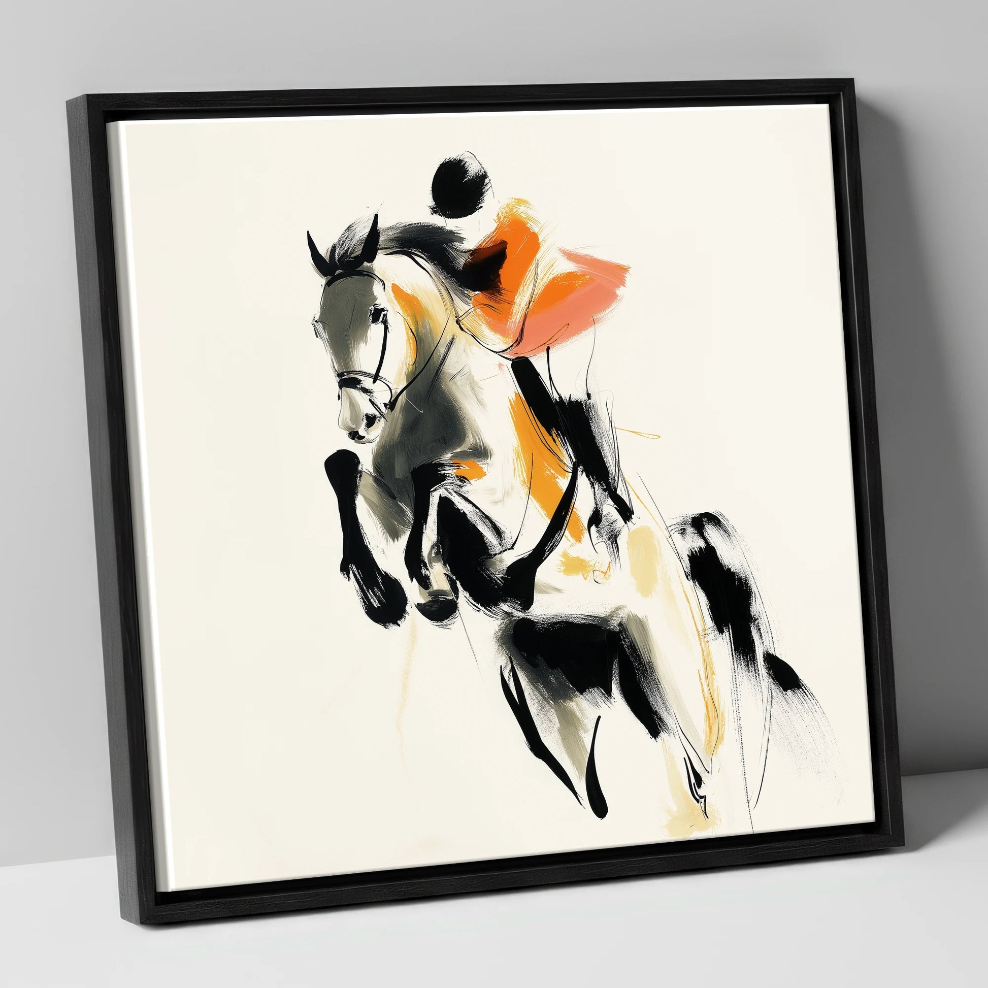 Amber Flight show jumping horse canvas wall art in black frame