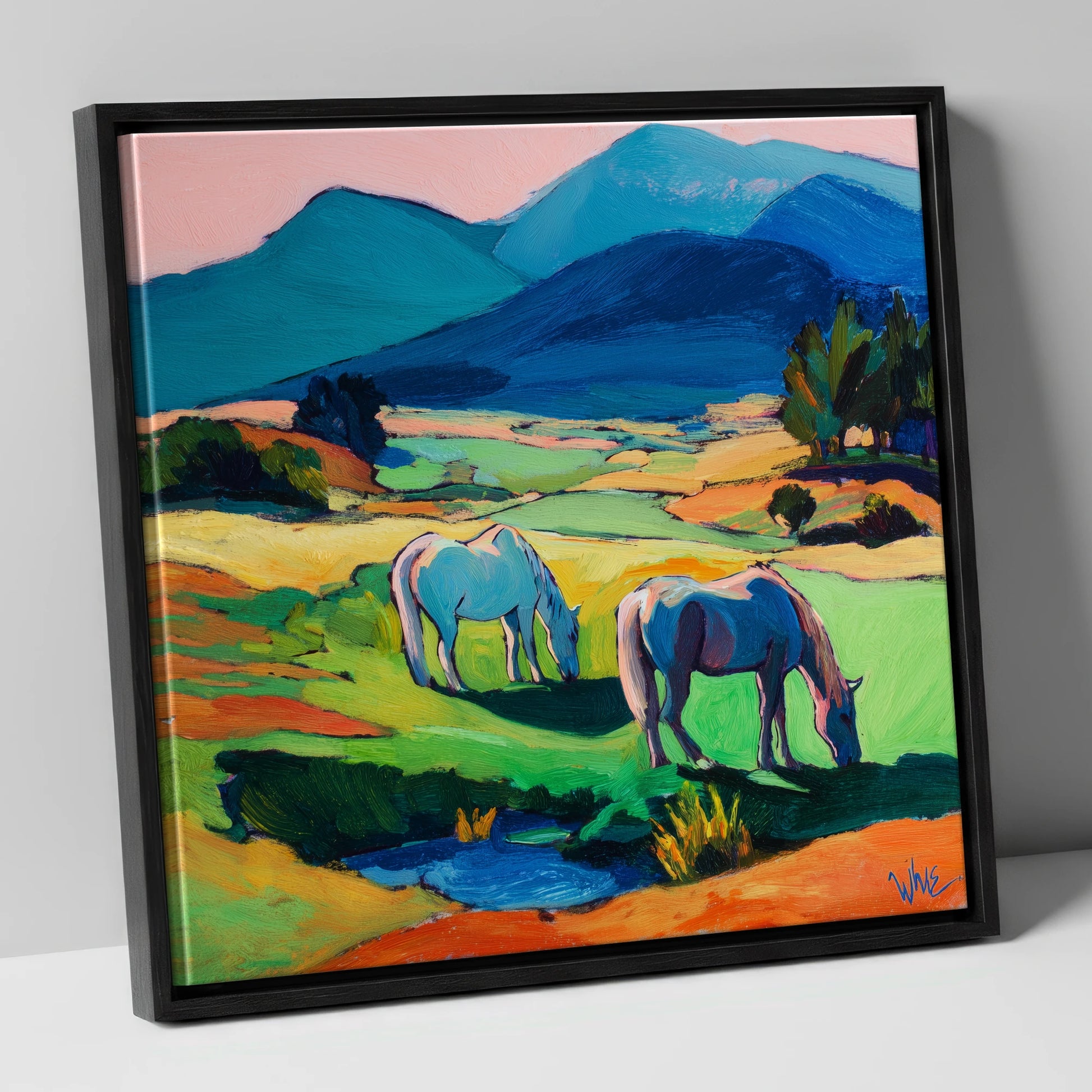 Painted Valley Grazing horse landscape canvas wall art in black frame