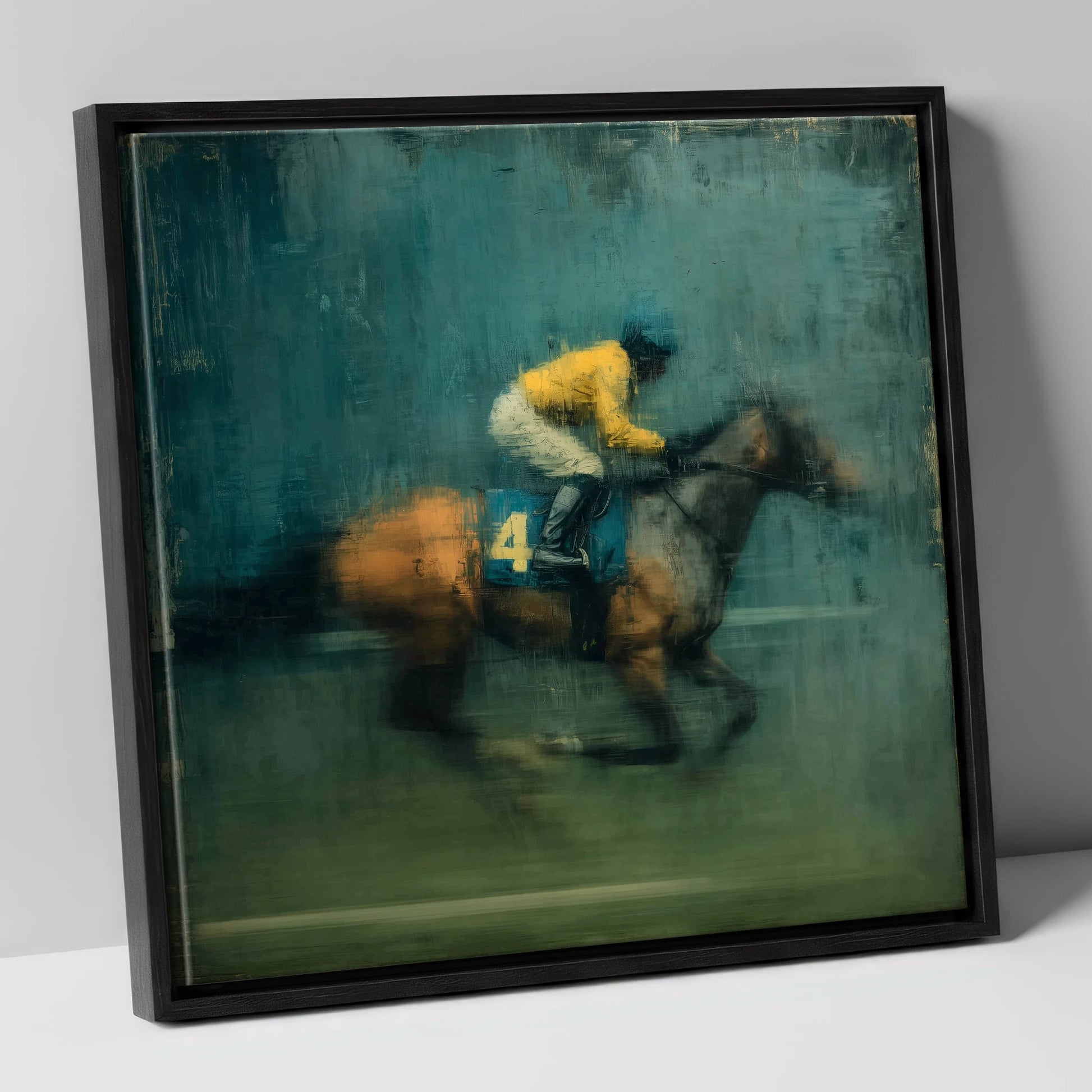 Velocity in Yellow racing horse canvas wall art in black frame