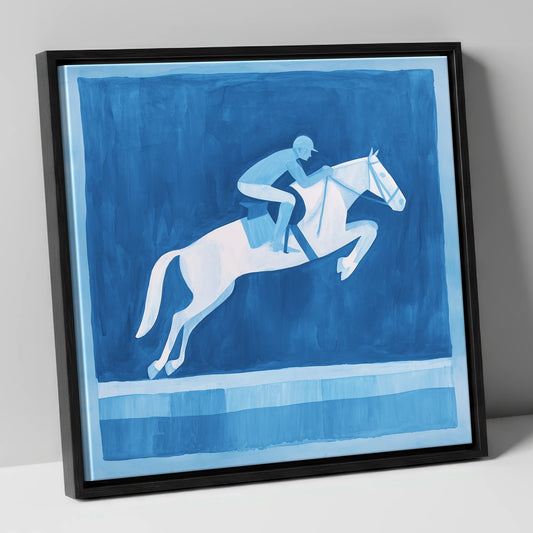 Azure Leap show jumping horse canvas wall art in black frame