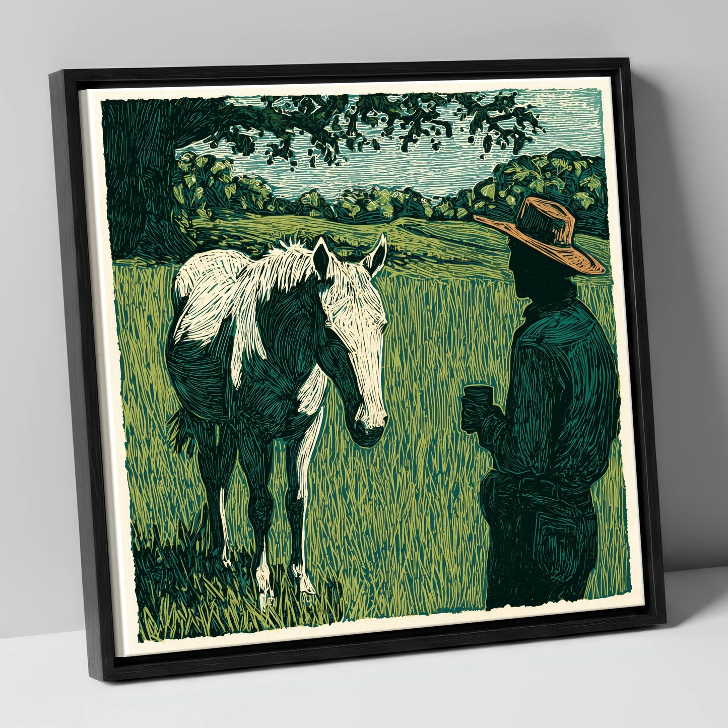 Morning Field Companion horse & rider canvas wall art in black frame