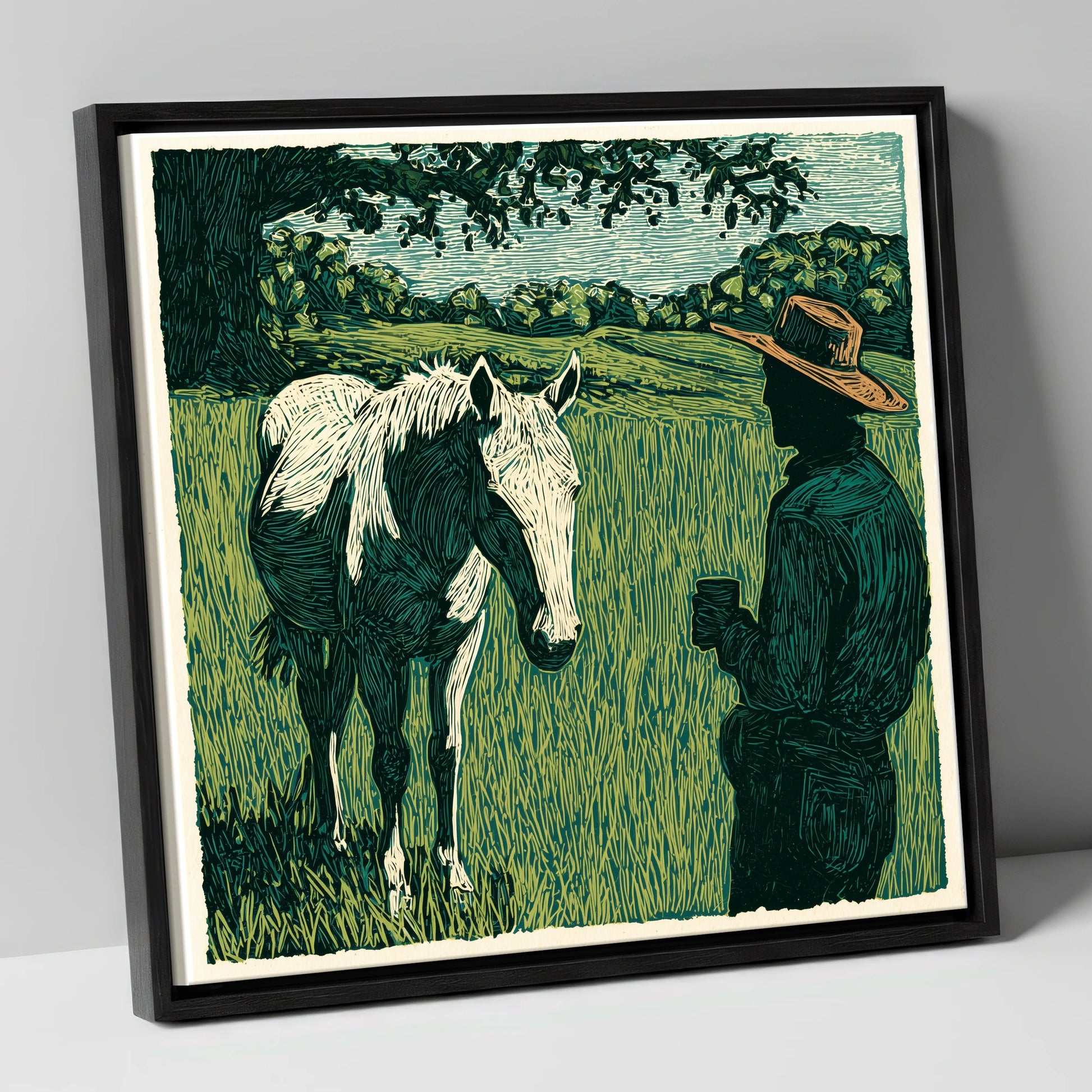 Morning Field Companion horse & rider canvas wall art in black frame