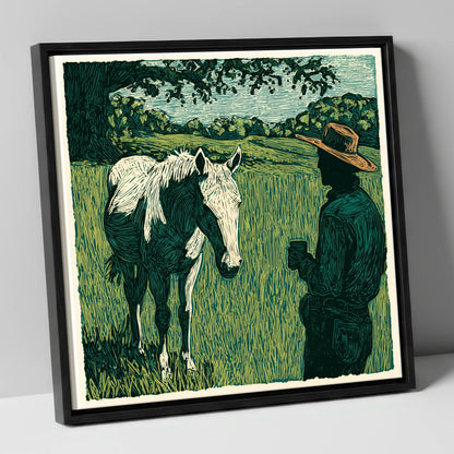 Morning Field Companion horse & rider canvas wall art in black frame