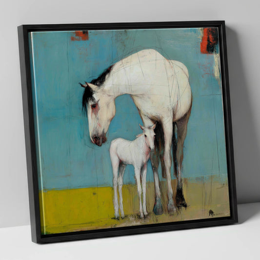 Quiet Bond in Teal mare & foal canvas wall art in black frame