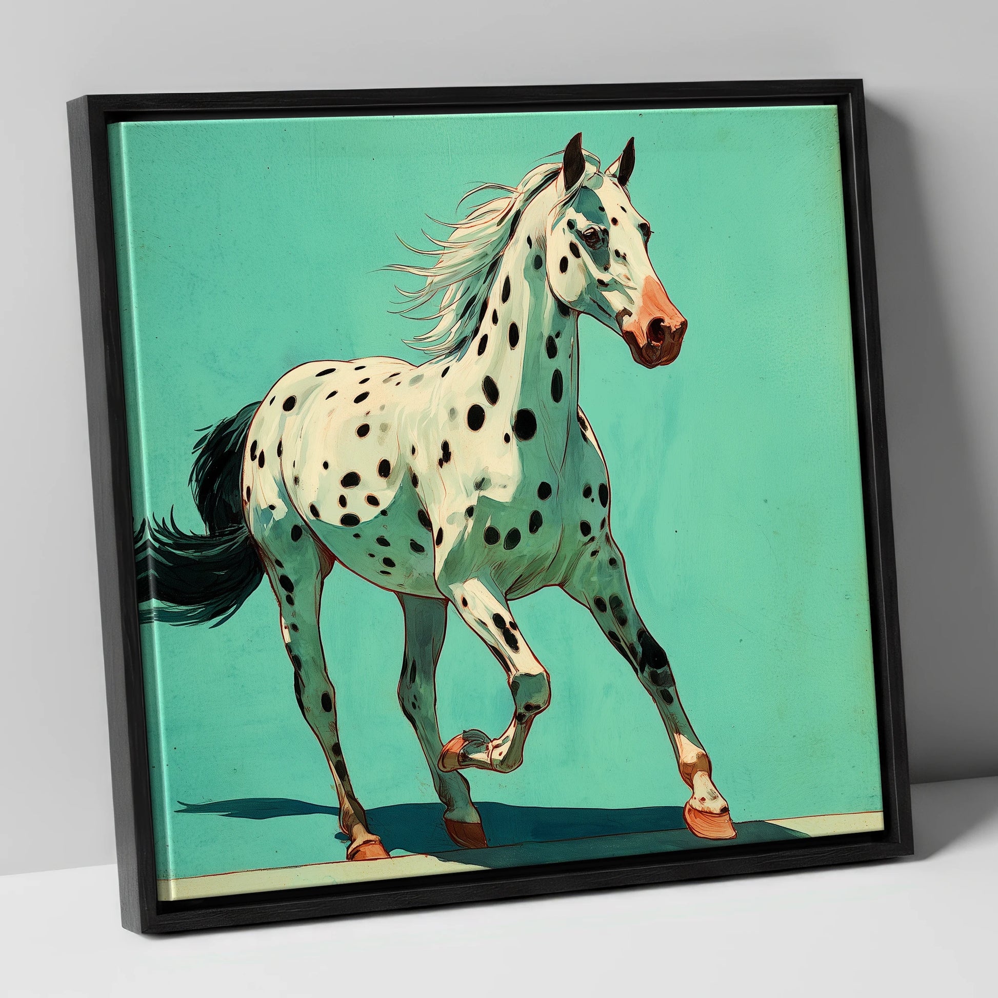 Teal Leopard Appaloosa horse breed canvas wall art in black frame