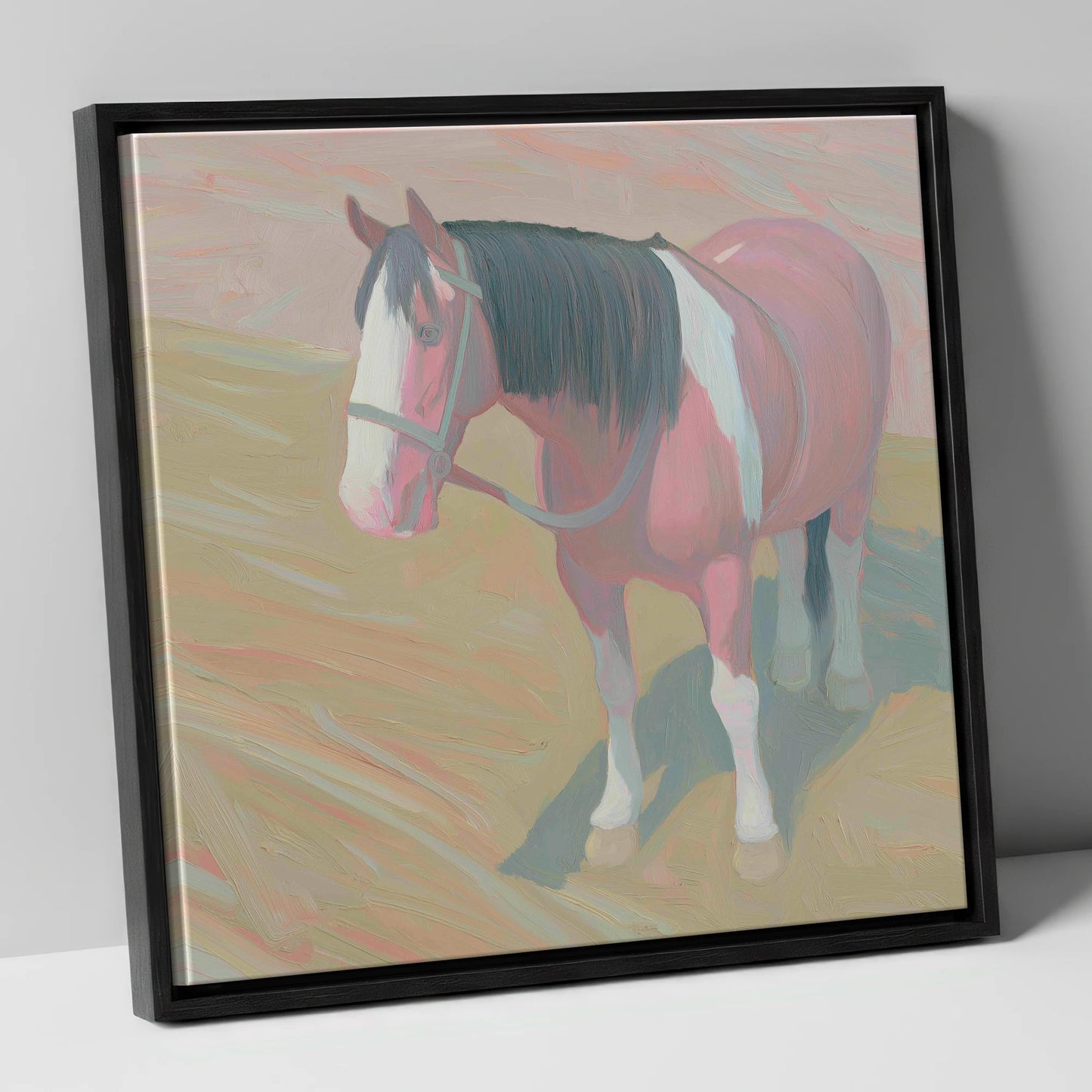 The Gentle Skewbald working horse canvas wall art in black frame