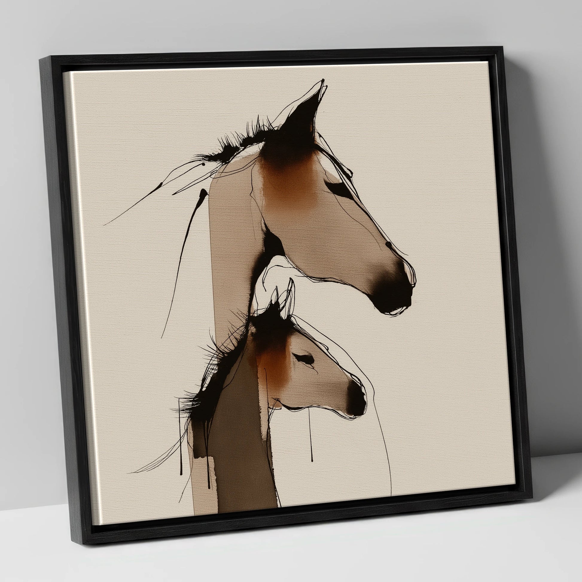 Tender Sepia Bond mare & foal canvas wall art in black frame