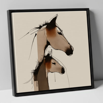 Tender Sepia Bond mare & foal canvas wall art in black frame