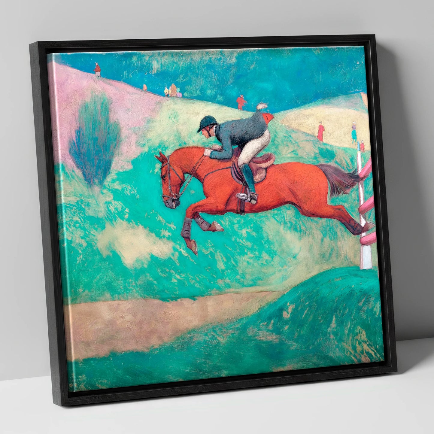Flight Over Emerald Hills show jumping horse canvas wall art in black frame