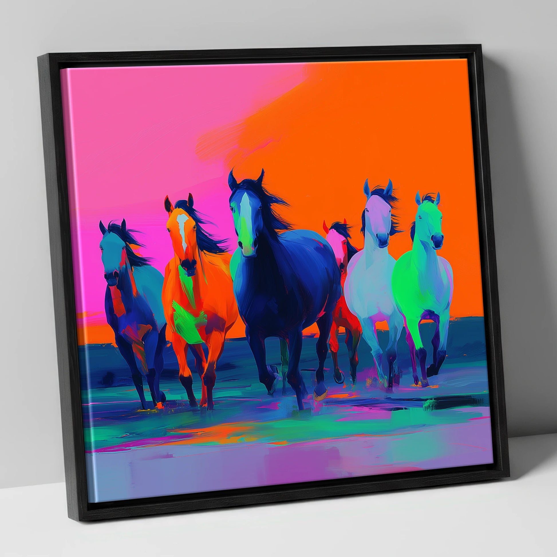 Technicolour Charge wild horses canvas wall art in black frame