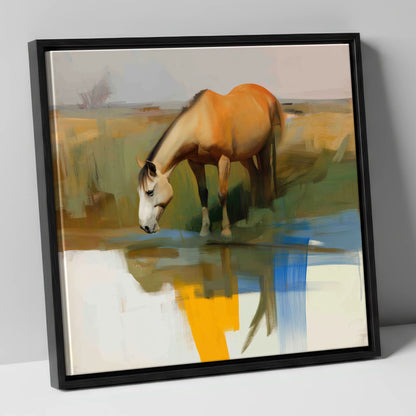 Vibrant Waterside Reflection horse landscape canvas wall art in black frame