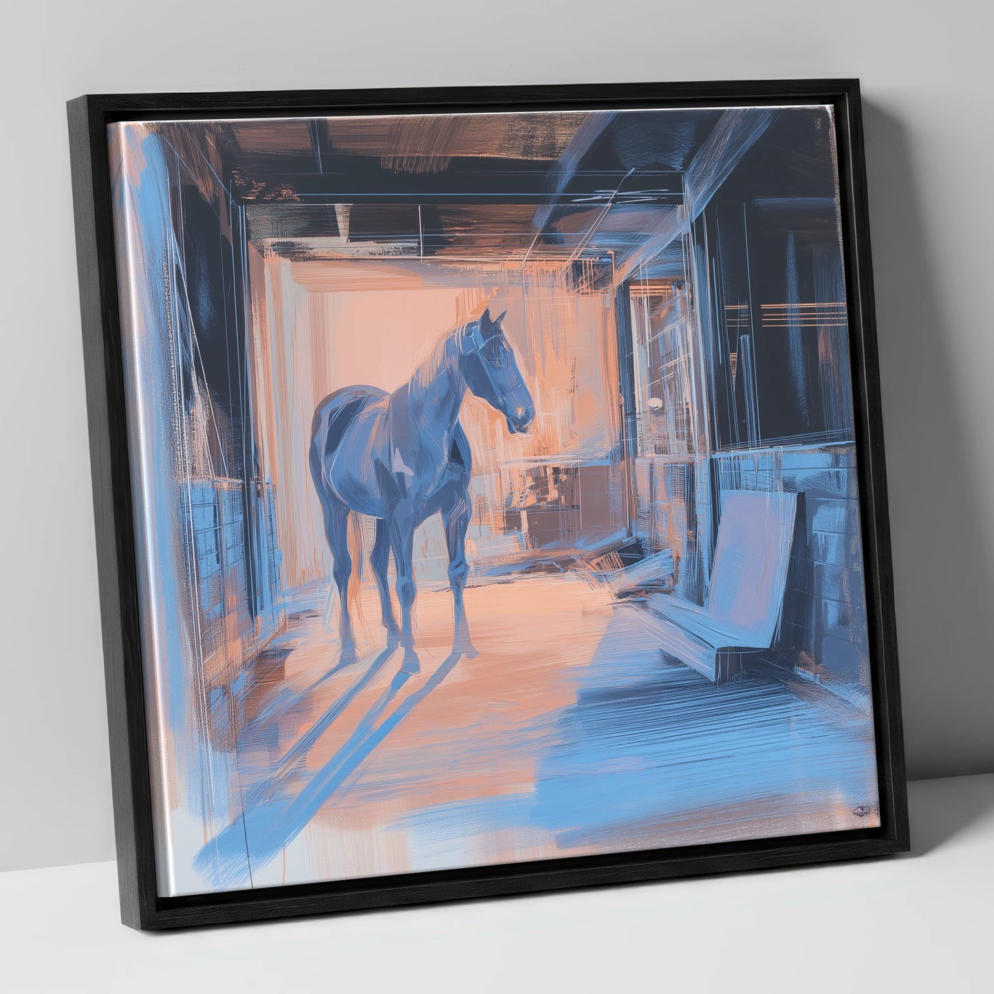 The Quiet Aisle horse stable canvas wall art in black frame