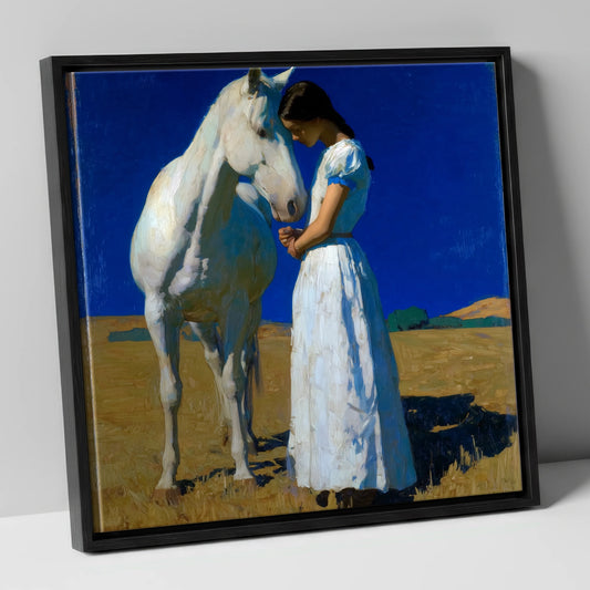 Sunlit Serenity horse & rider canvas wall art in black frame