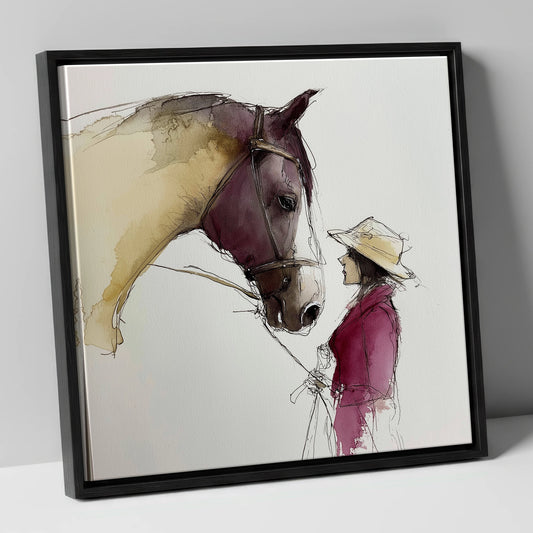 The Silent Dialogue horse & rider canvas wall art in black frame
