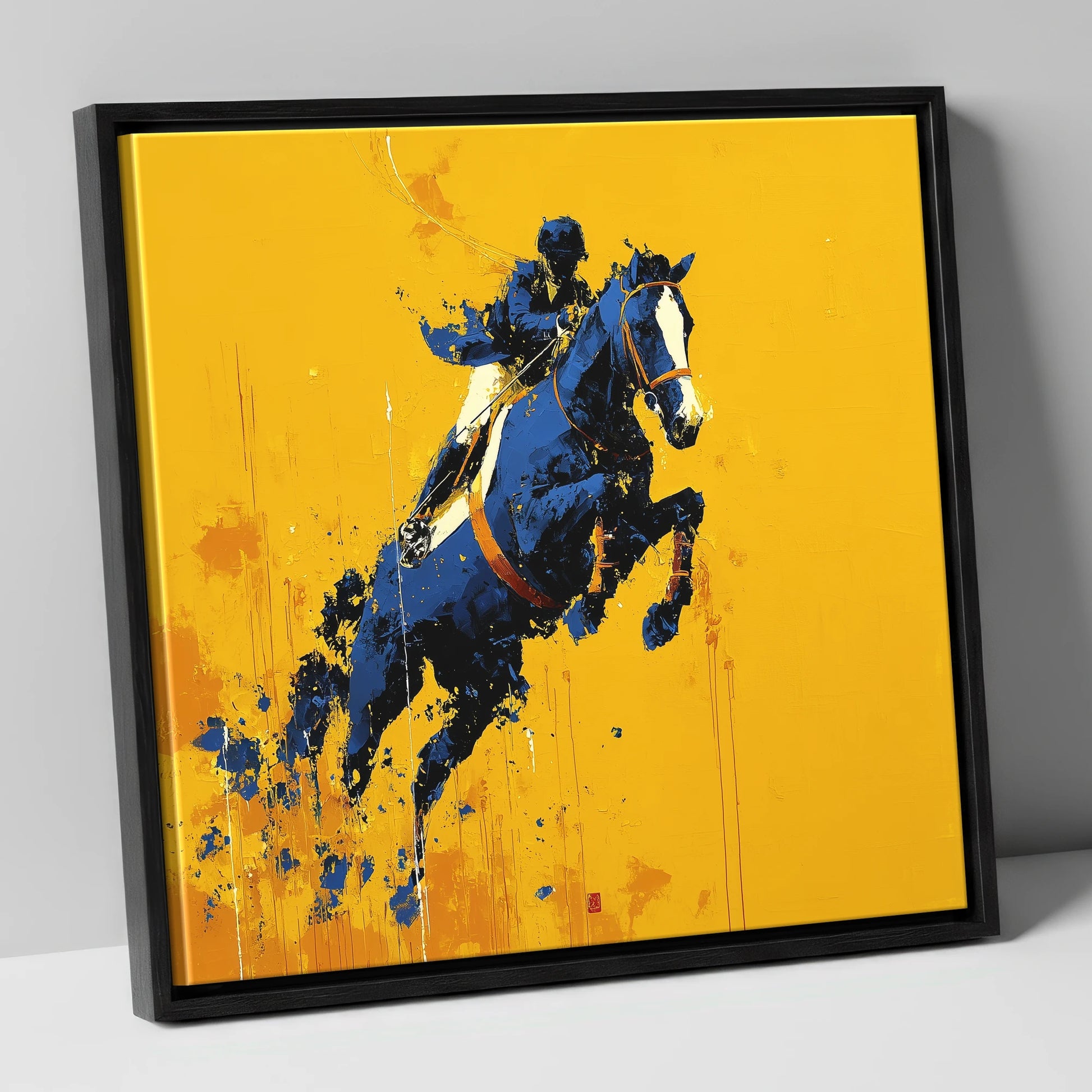 Airborne in Navy show jumping horse canvas wall art in black frame