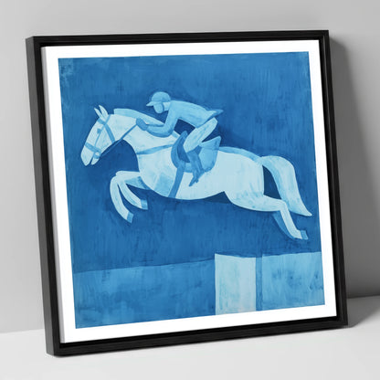 Azure Clear Round show jumping horse canvas wall art in black frame