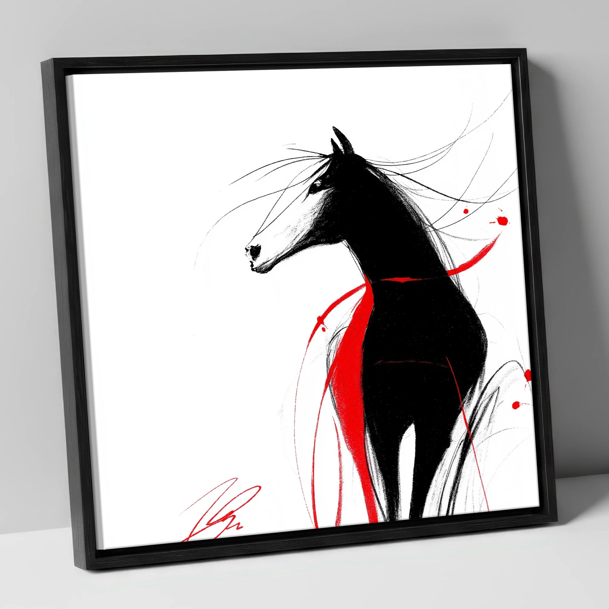 Spirited Silhouette in Red horse portrait canvas wall art in black frame