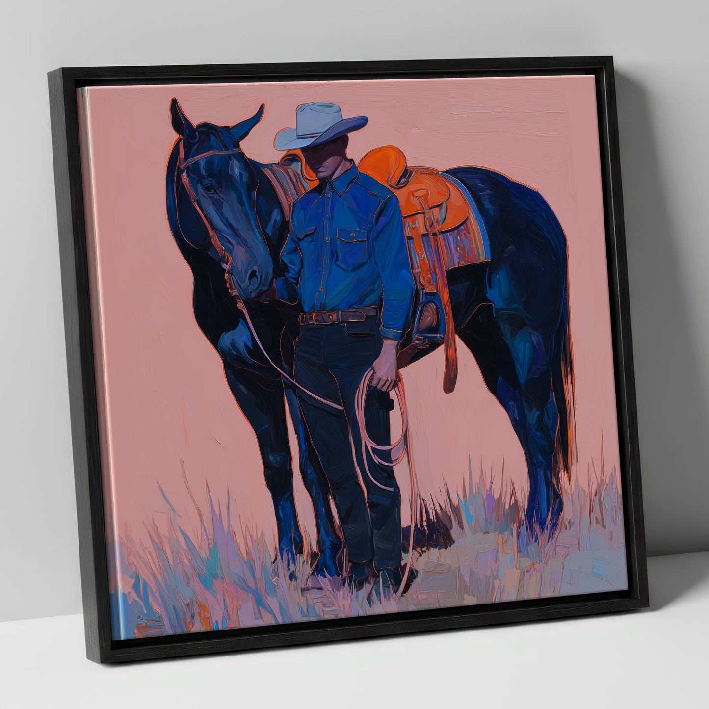 The Indigo Horseman western horse canvas wall art in black frame