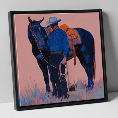 The Indigo Horseman western horse canvas wall art in black frame