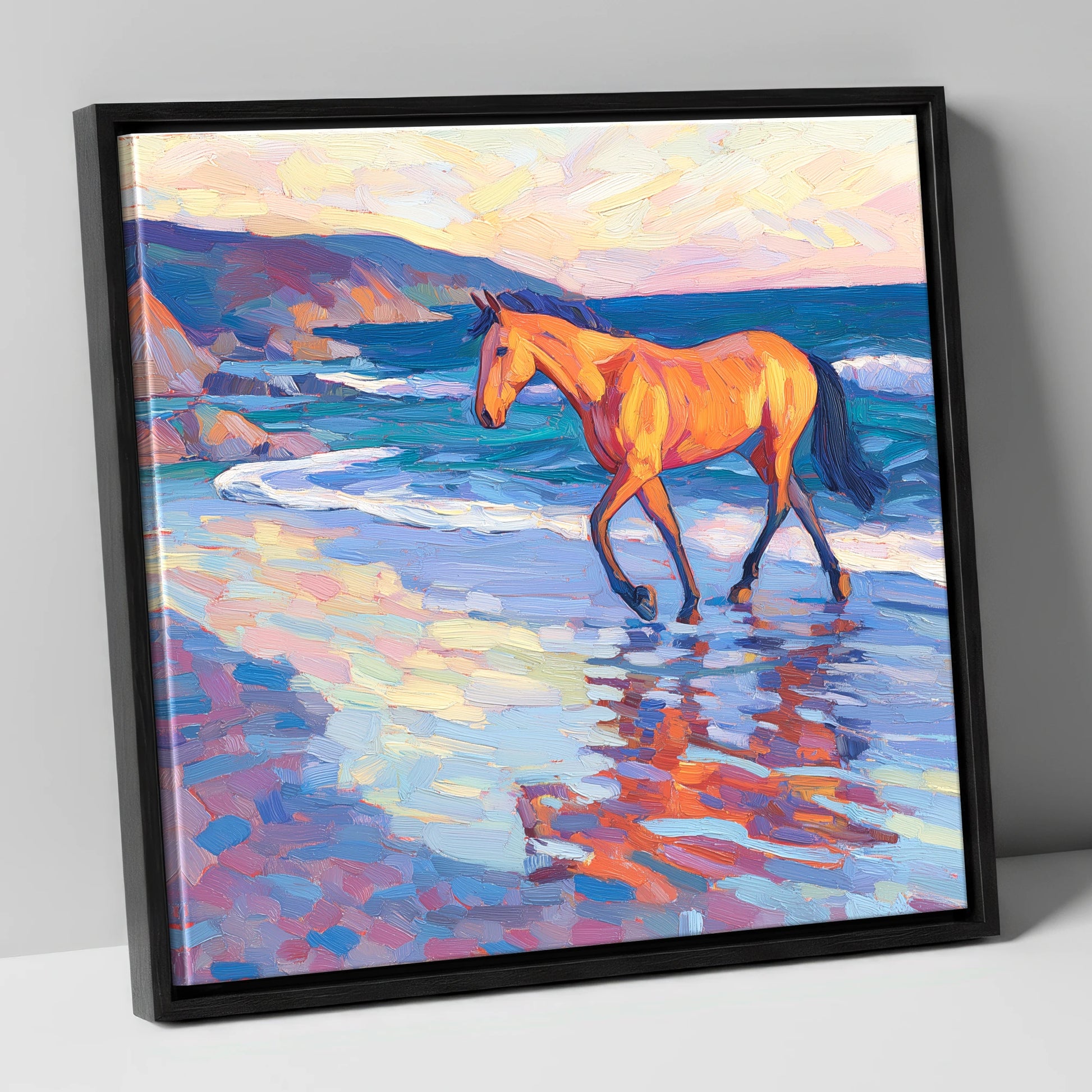 Vibrant Coastal Stride horse landscape canvas wall art in black frame