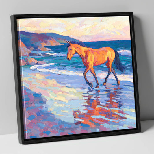 Vibrant Coastal Stride horse landscape canvas wall art in black frame
