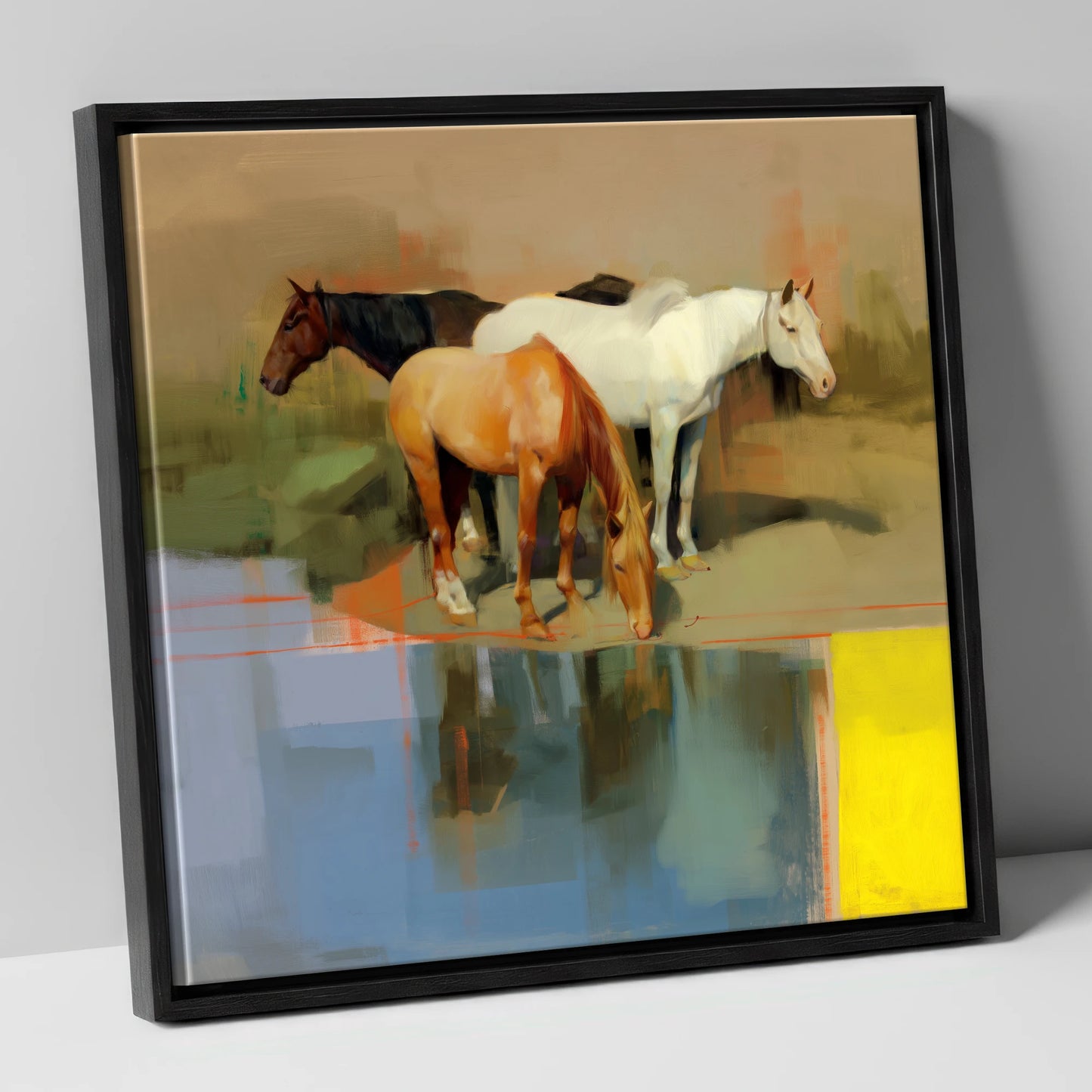 Vibrant Equine Reflections wild horses canvas wall art in black frame